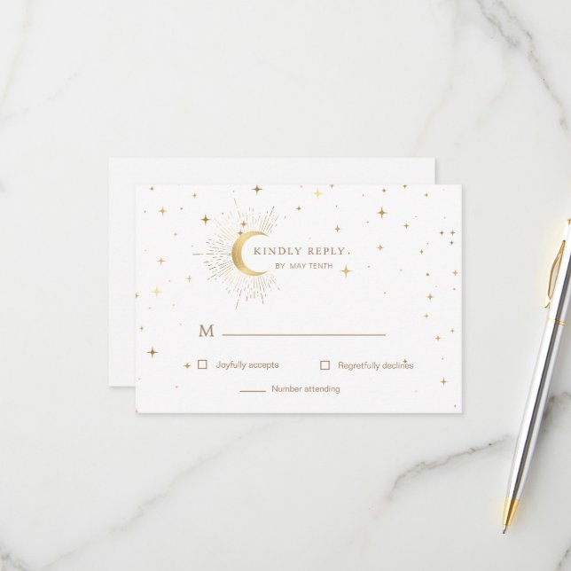 Celestial Crescent Moon Gold RSVP Response Card (Front/Back In Situ)
