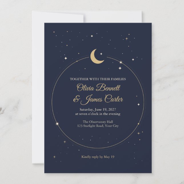 Celestial Crescent Moon Orbit Wedding Invitation (Front)