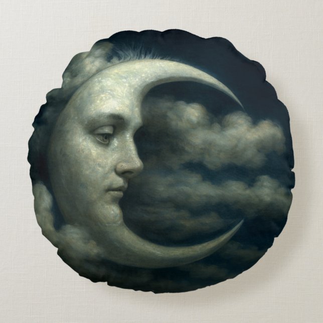 Celestial Crescent Moon & Sun Face Round Cushion (Front)