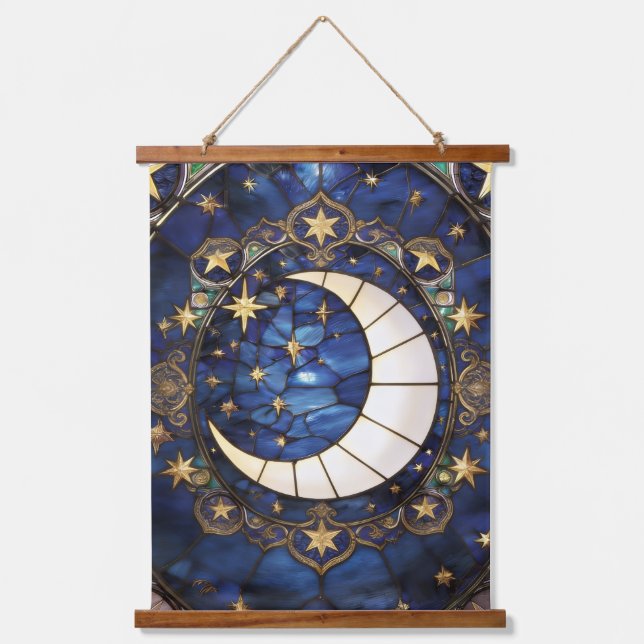 Celestial Crescent Ornate Stained-Glass Moon Hanging Tapestry (Front)