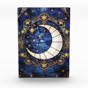 Celestial Crescent Ornate Stained-Glass Moon Photo Block