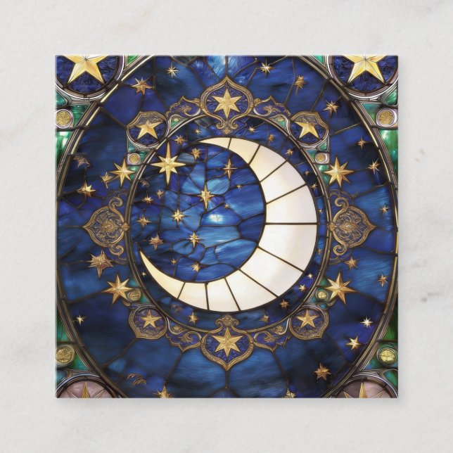 Celestial Crescent Ornate Stained-Glass Moon Square Business Card (Front)