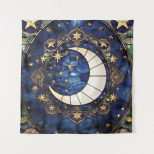 Celestial Crescent Ornate Stained-Glass Moon Tapestry