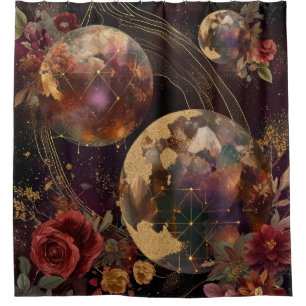 Celestial Crystal World Gold Purple Galaxy Shower Curtain
