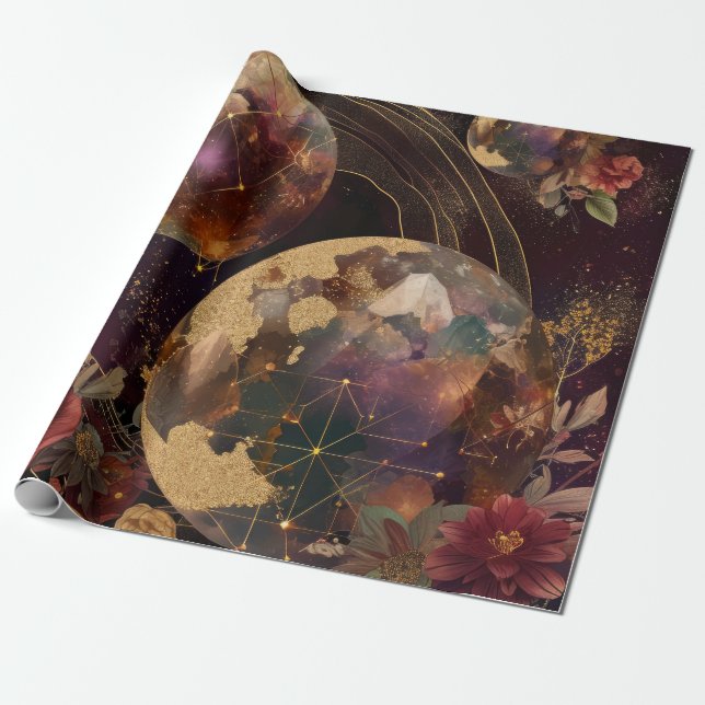 Celestial Crystal World Gold Purple Galaxy Wrapping Paper (Unrolled)