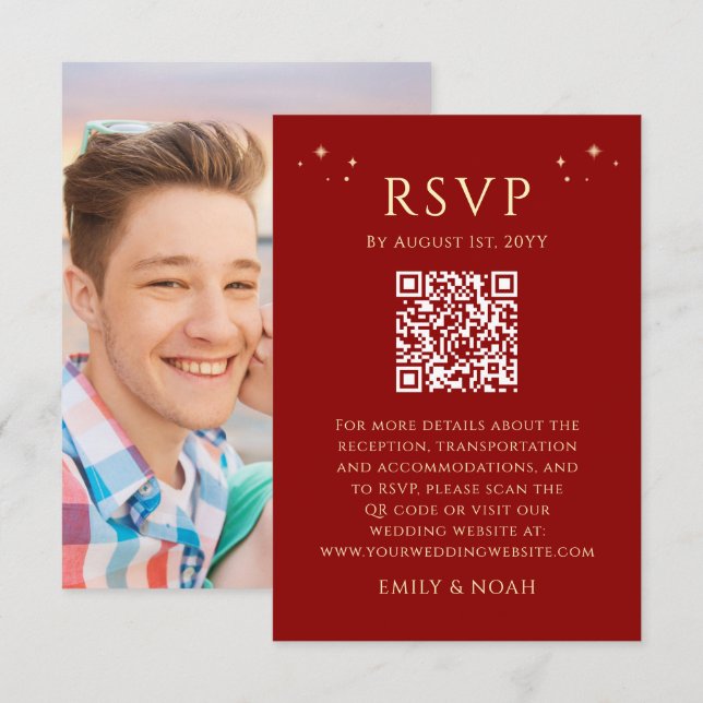 Celestial Dark Red Gold Budget QR Code RSVP Photo Enclosure Card (Front/Back)