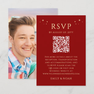 Celestial Dark Red Gold Budget QR Code RSVP Photo Enclosure Card