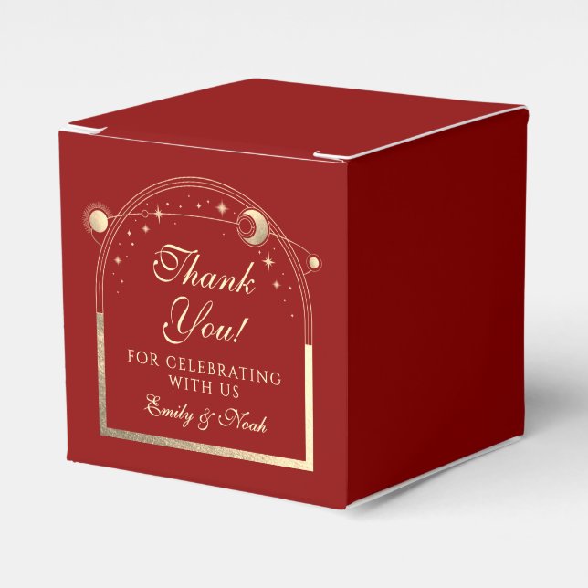 Celestial Dark Red Gold Sun Moon Stars Wedding Favour Box (Front Side)