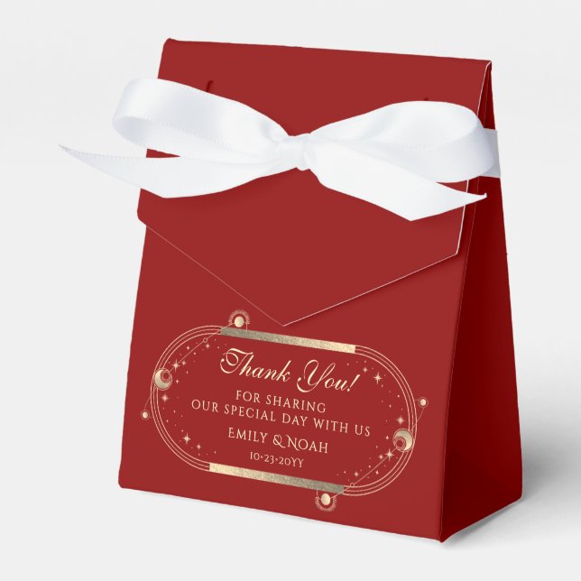 Celestial Dark Red Gold Sun Moon Stars Wedding Favour Box (Front Side)