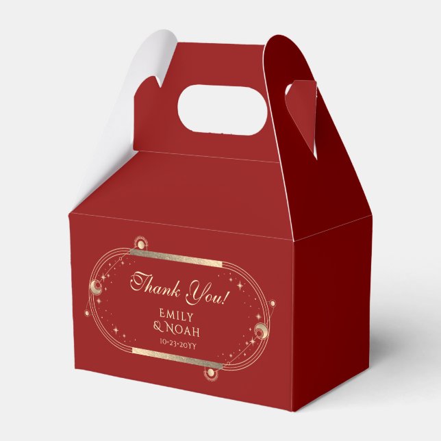 Celestial Dark Red Gold Sun Moon Stars Wedding Favour Box (Front Side)
