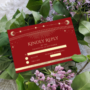 Celestial Dark Red Gold Sun Moon Stars Wedding RSVP Card