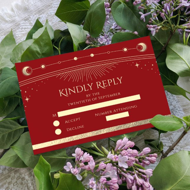 Celestial Dark Red Gold Sun Moon Stars Wedding RSVP Card (Creator Uploaded)