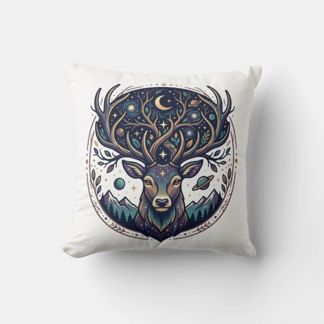 Celestial Deer Mystical Moon & Star Art Stag Cushion (Front)