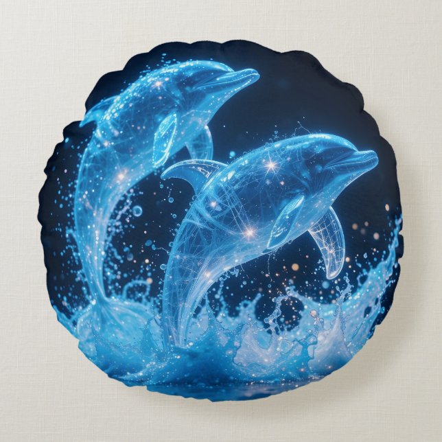 Celestial Dolphins: Dance of Light 1 Round Cushion (Front)