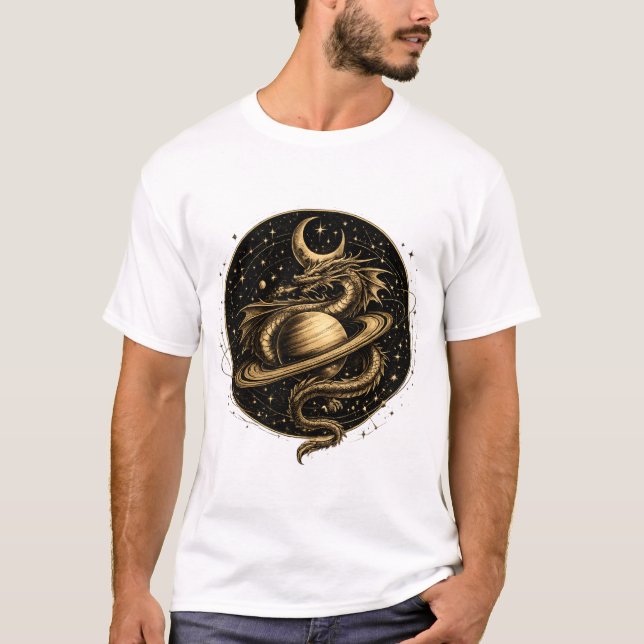 Celestial Dragon Saturn Fantasy Space Art T-Shirt (Front)