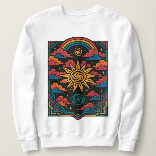 Celestial Dreams – Retro Sun & Rainbow Tarot Art Sweatshirt (Design Front)
