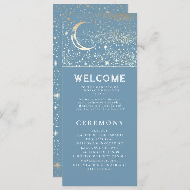 Celestial Dusty Blue and Gold Wedding Programs Programme (Front/Back)