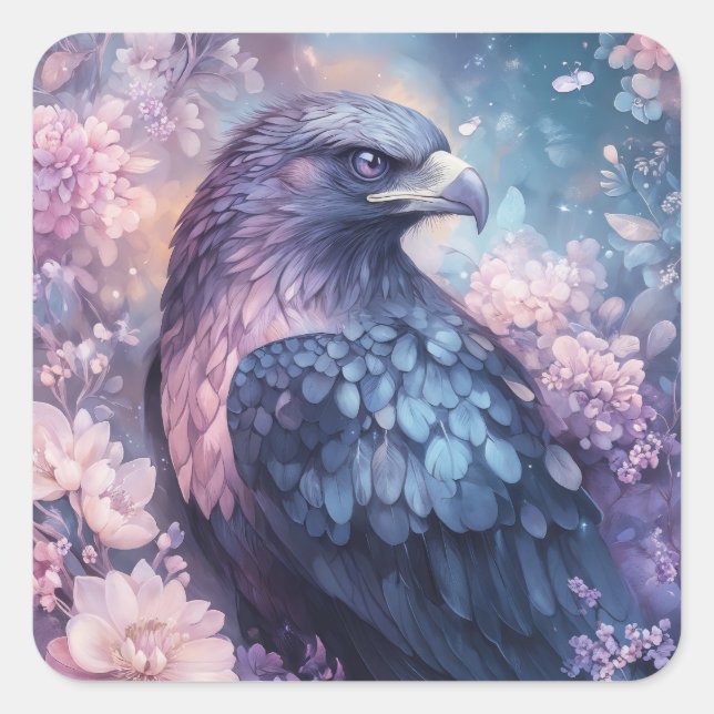 Celestial Eagle Amidst Blossoms and Stars Square Sticker (Front)