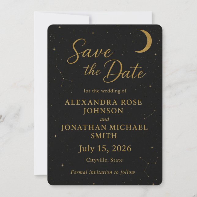 Celestial, Elegant Black & Gold Save the Date Invitation (Front)