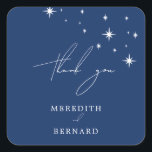 Celestial Elegant Blue Wedding Thank You Favour Square Sticker<br><div class="desc">Invite your guests to a night of romance and starlight with this celestial elegant blue wedding thank you favour square sticker from the Celestial Elegant Wedding Collection. Featuring a deep navy blue background adorned with twinkling stars and refined typography, this modern celestial design is perfect for couples who love a...</div>