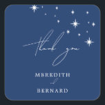 Celestial Elegant Blue Wedding Thank You Favour Square Sticker<br><div class="desc">Invite your guests to a night of romance and starlight with this celestial elegant blue wedding thank you favour square sticker from the Celestial Elegant Wedding Collection. Featuring a deep navy blue background adorned with twinkling stars and refined typography, this modern celestial design is perfect for couples who love a...</div>