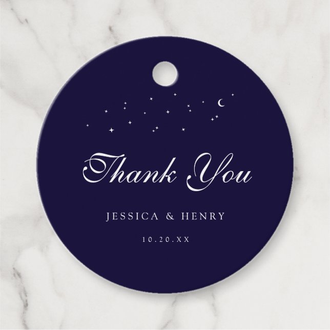 Celestial Elegant Script Midnight Blue Wedding Favour Tags (Front)