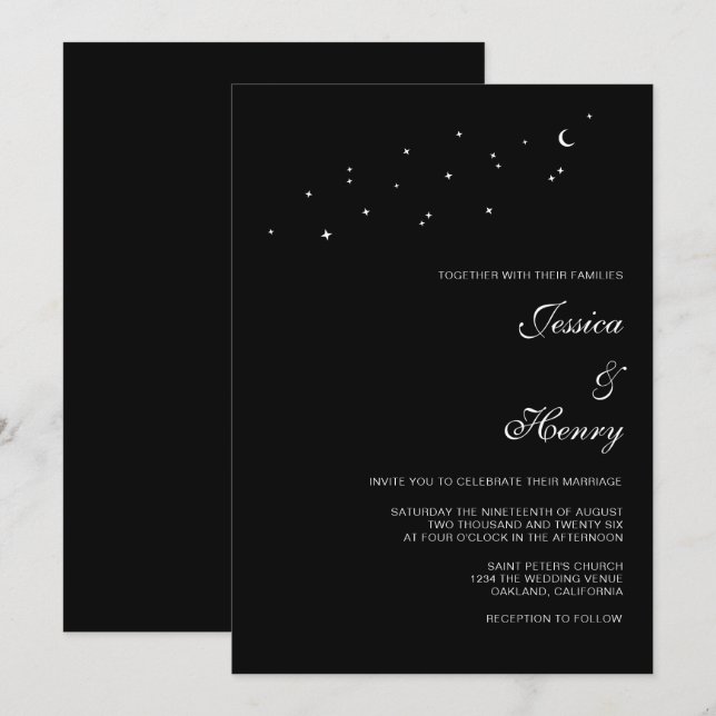 Celestial Elegant Script Minimalist Black Wedding  Invitation (Front/Back)