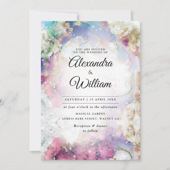Celestial Elegant Watercolor Modern Gold Wedding Invitation (Front)
