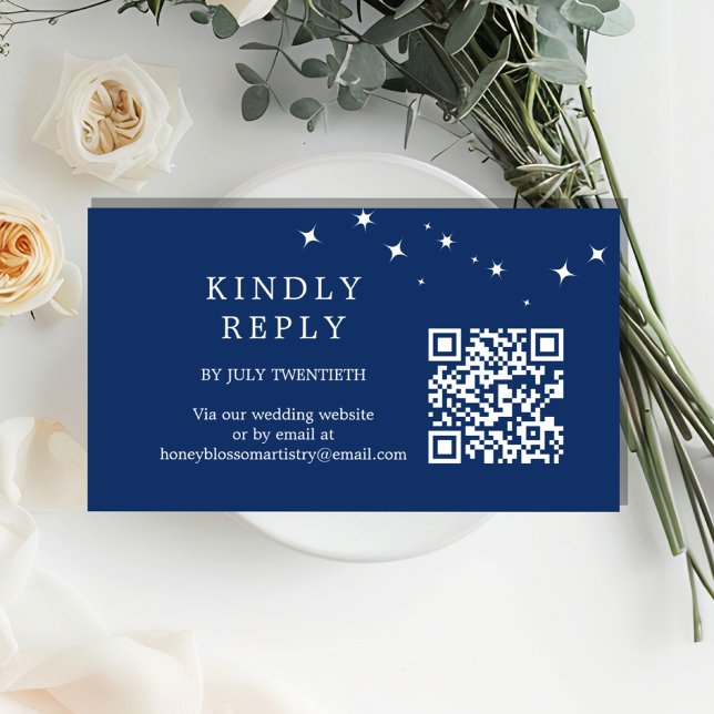 Celestial Elegant Wedding Navy Blue QR Code RSVP Enclosure Card (Creator Uploaded)
