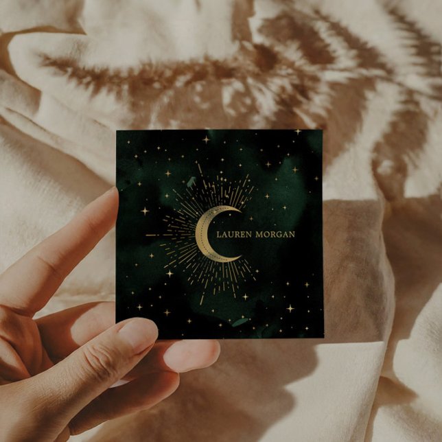 Celestial Emerald Crescent Moon Square Business Card (Creator Uploaded)
