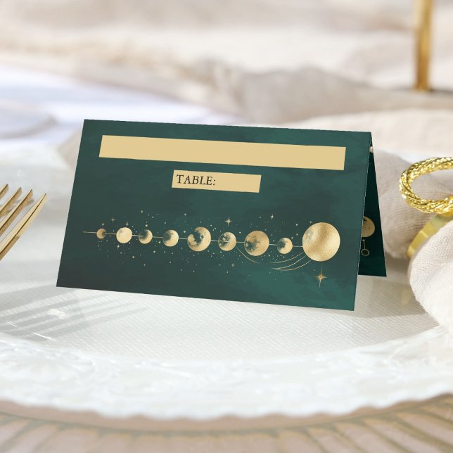 Celestial Emerald Gold Crescent Moon Phase Wedding Place Card (Creator Uploaded)