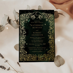Celestial Emerald Gold Moon Foliage Wedding