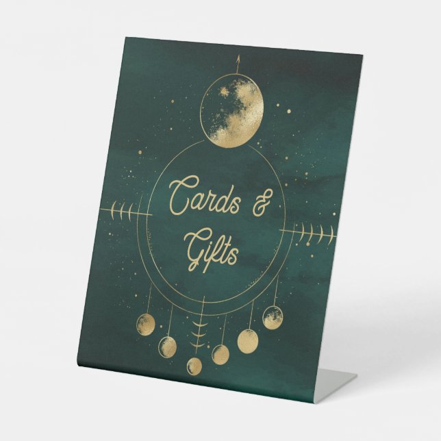 Celestial Emerald Gold Moon Wedding Card and Gifts Pedestal Sign (Front)