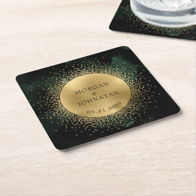 Celestial Emerald Gold Moon Wedding Square Paper Coaster (Angled)