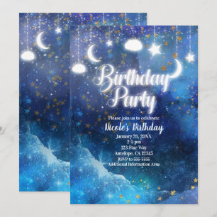 Celestial Fantasy Gold Stars & Glow Birthday Party Invitation