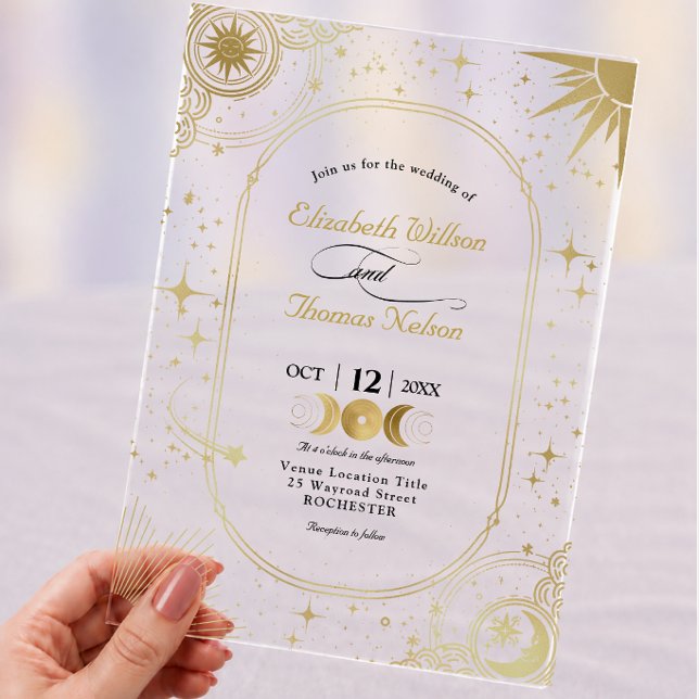 Celestial Faux Gold Sun Moon Wedding  Acrylic Invitations (Creator Uploaded)