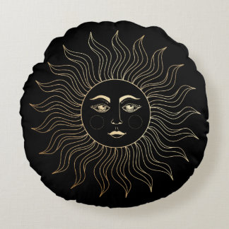 Celestial Faux Gold Sun Vintage Black Round Cushion