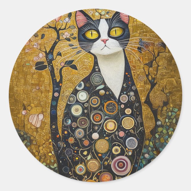 Celestial Feline in Gold Classic Round Sticker (Front)