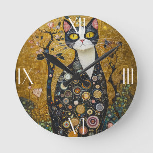 Celestial Feline in Gold Round Clock