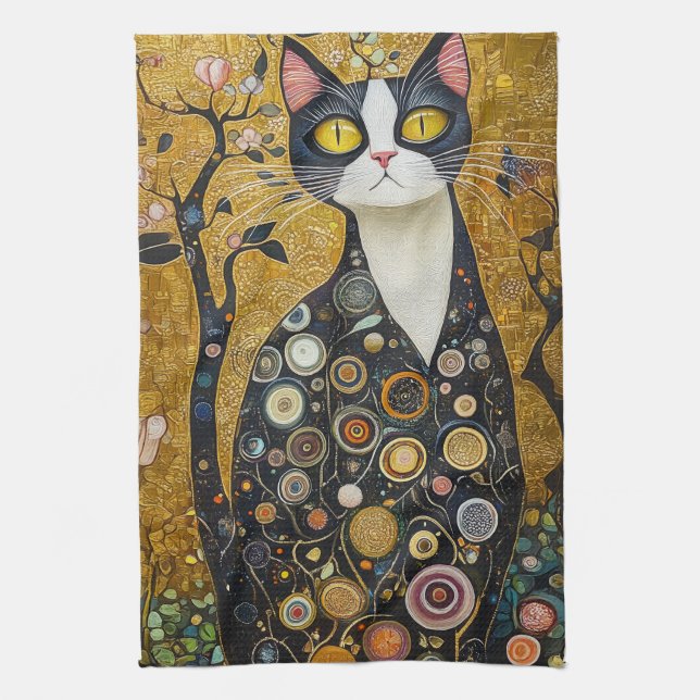 Celestial Feline in Gold Tea Towel (Vertical)