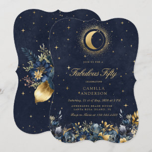 Celestial Floral Blue Stars Moon Birthday Invitation