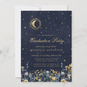 Celestial Floral Blue Stars Moon Graduation Party Invitation