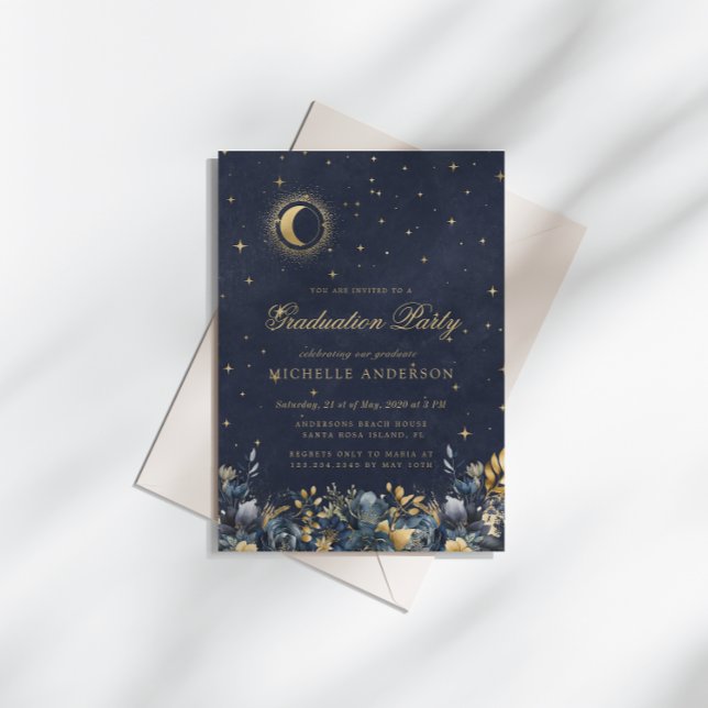 Celestial Floral Blue Stars Moon Graduation Party Invitation (Creator Uploaded)
