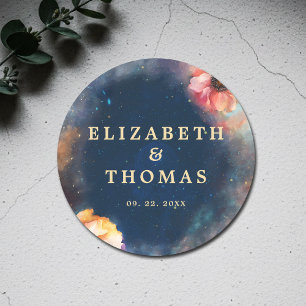 Celestial Floral Galaxy Starry Night Blue Wedding Classic Round Sticker