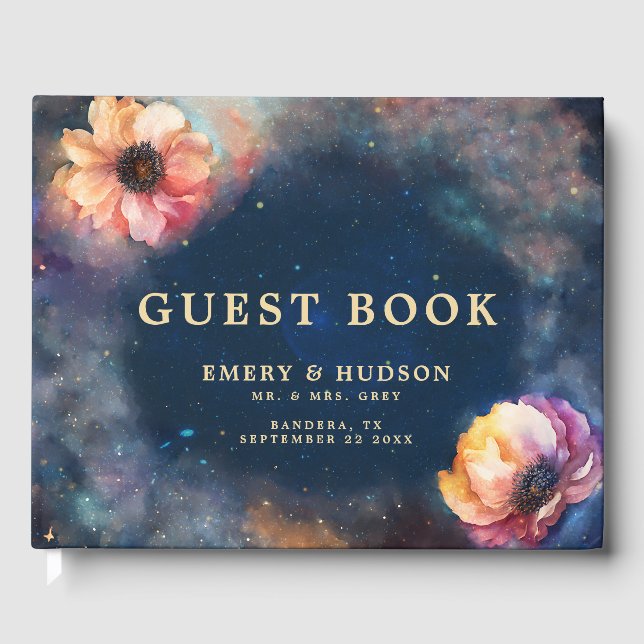 Celestial Floral Galaxy Starry Night Blue Wedding Guest Book (Front)
