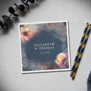 Celestial Floral Galaxy Starry Night Blue Wedding Napkin