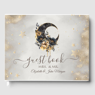 Celestial Floral Moon,Gold Stars Guest Book