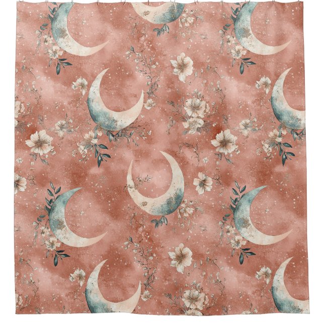 Celestial Floral Pattern Muted Terracotta Shower Curtain (Front)