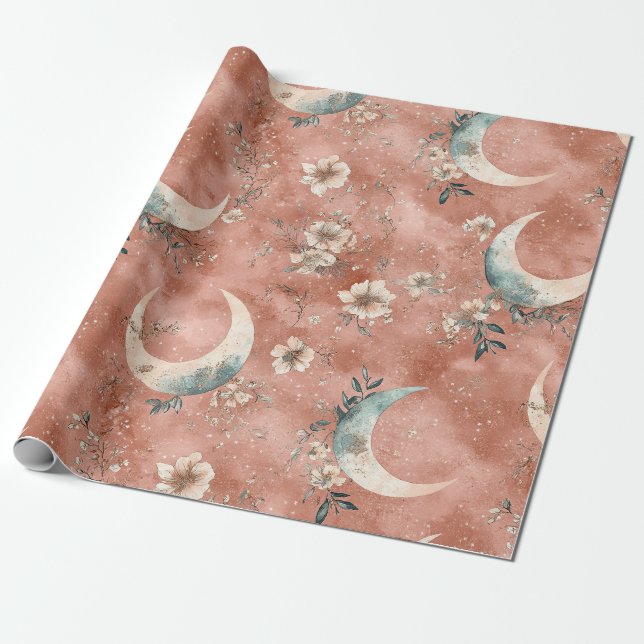 Celestial Floral Pattern Muted Terracotta Wrapping Paper (Unrolled)
