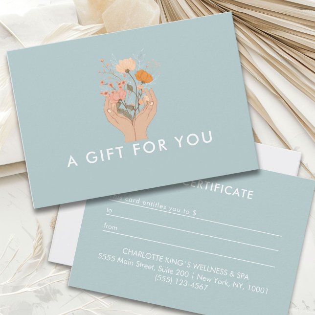 Celestial Floral Salon Business Gift Certificate (Hands Holding Flowers, Boho, Watercolor Illustration Soft Blue Custom Business Gift Certificate. )